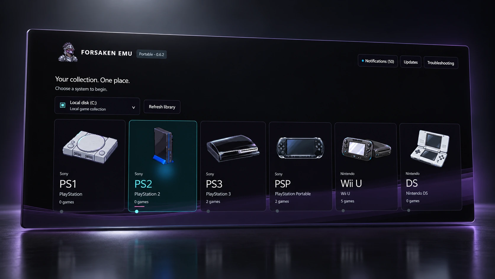 Forsaken Emu console gallery presented on a dark panel, with illustrated consoles and a purple ribbon background.
