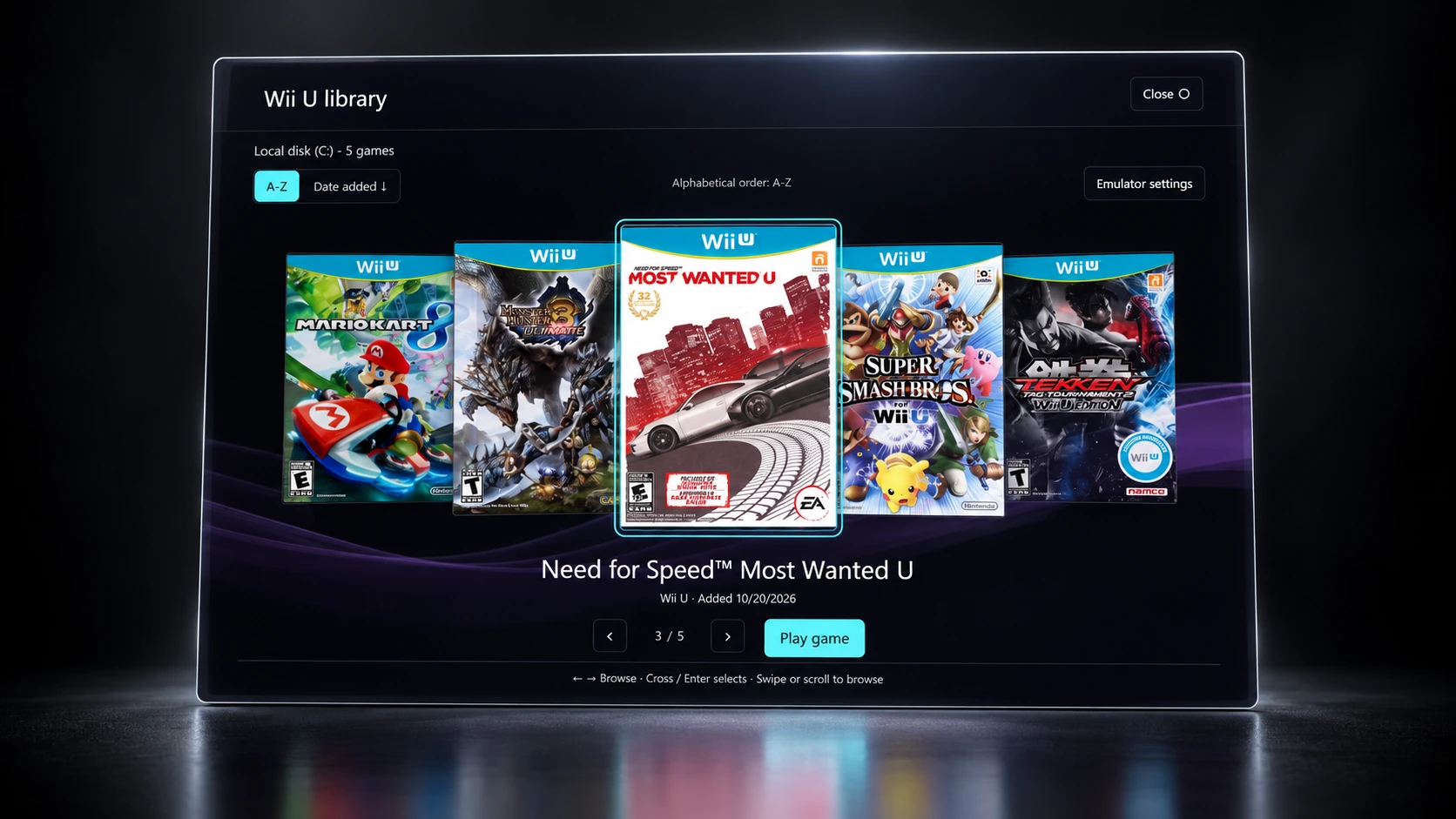 Cinematic preview of Forsaken Emu's Wii U cover carousel and launch control.