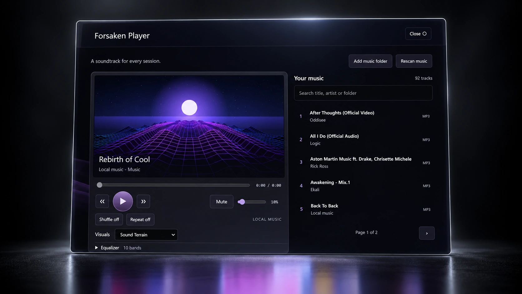 Forsaken Player's local music library, playback controls and purple visualizer in a cinematic preview.