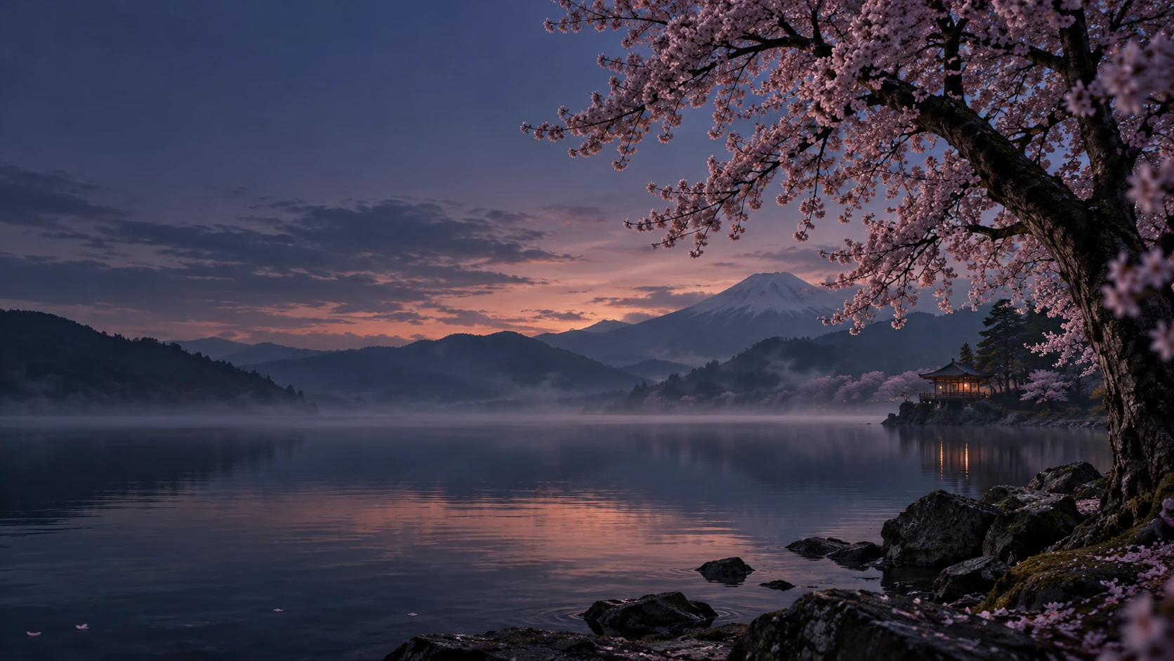 Cherry blossoms beside a mountain lake at dusk
